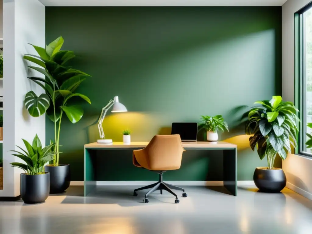 Oficina moderna con plantas de interior, generando un ambiente tranquilo y productivo