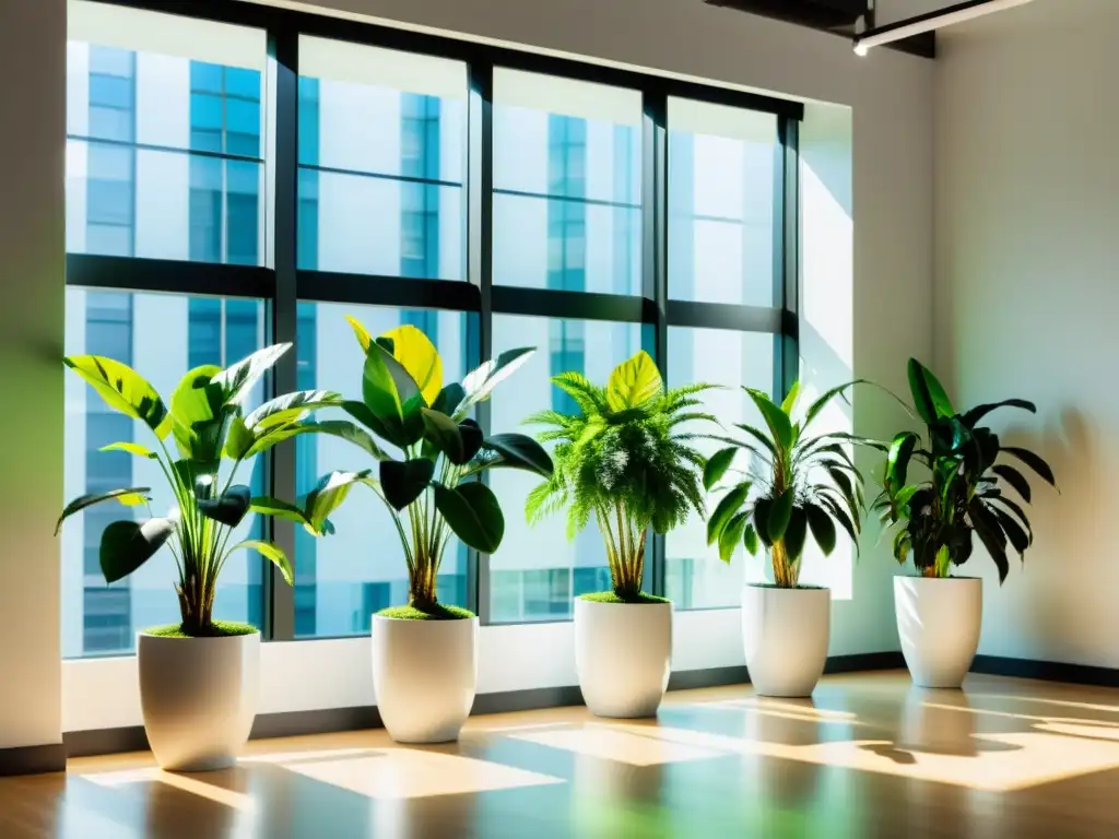 Oficina moderna con plantas interiores vibrantes, creando un ambiente acogedor y fresco