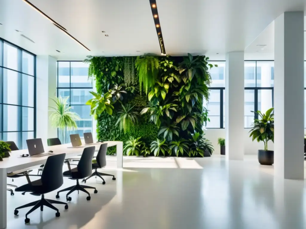 Oficina moderna con plantas verticales para oficinas pequeñas, creando un ambiente tranquilo y productivo con contraste vibrante y luz natural