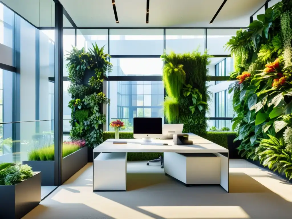 Oficina moderna con jardín vertical, flores coloridas y luz natural para beneficios jardines verticales productividad