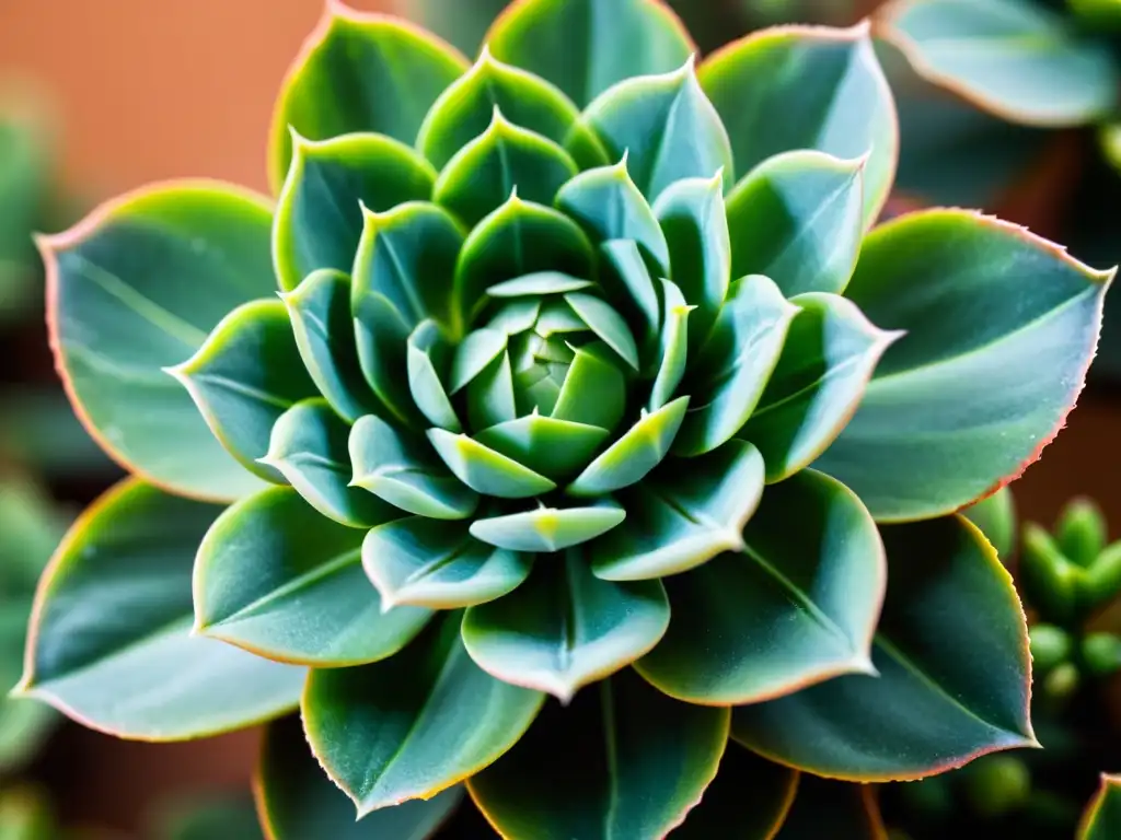 Sobreviviendo a la ola de calor: Detalle de una suculenta verde vibrante, con hojas carnosas y delicadas venas, en un fondo limpio y luminoso