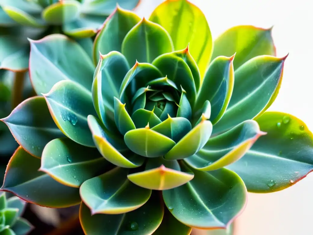 Sobreviviendo a la ola de calor: Detalle de suculenta verde con hojas brillantes, texturas y gotas de agua bajo cálido resplandor solar