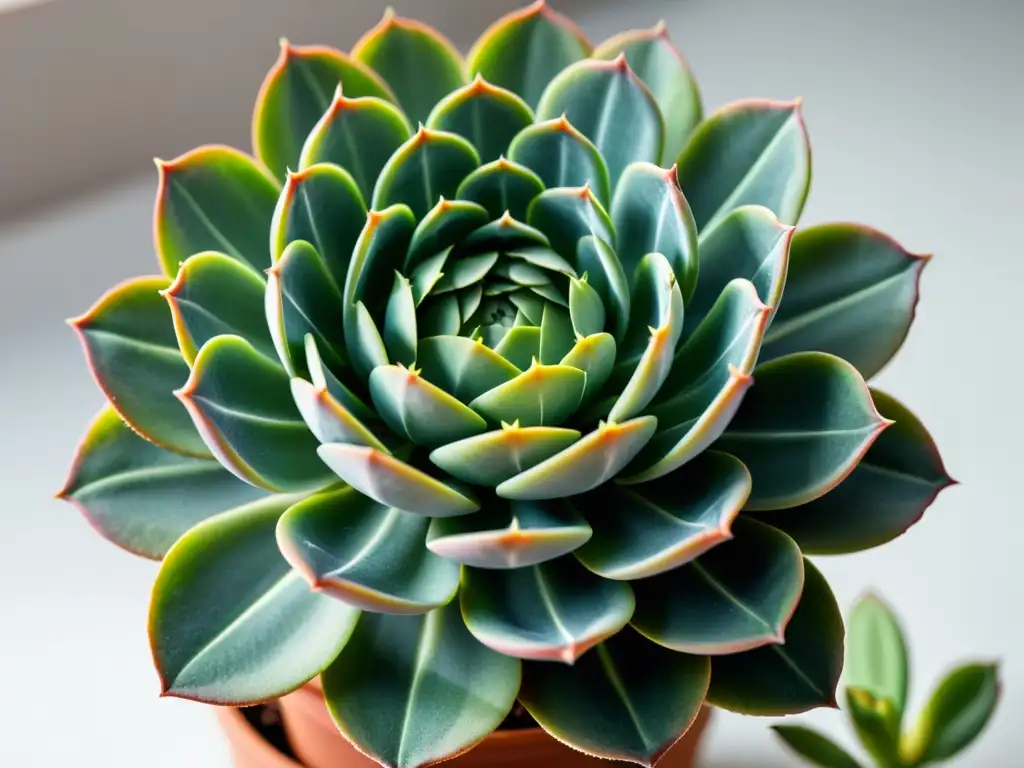 Sobreviviendo a la ola de calor: Detalle de suculenta verde vibrante con patrones delicados en hojas, sobre fondo blanco iluminado por luz natural