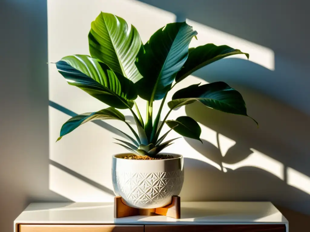 Ubicación óptima para plantas de interior: Planta tropical exuberante en maceta blanca sobre soporte de madera, bañada por la luz del sol