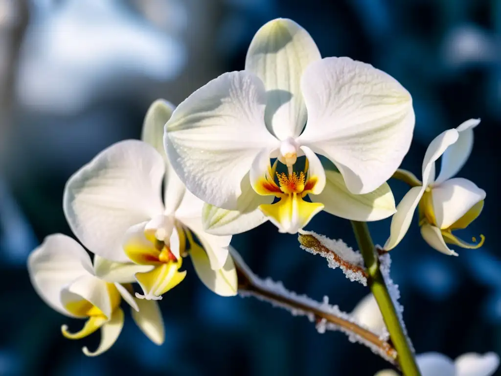 Una orquídea blanca cubierta de escarcha, resplandece en un paisaje nevado