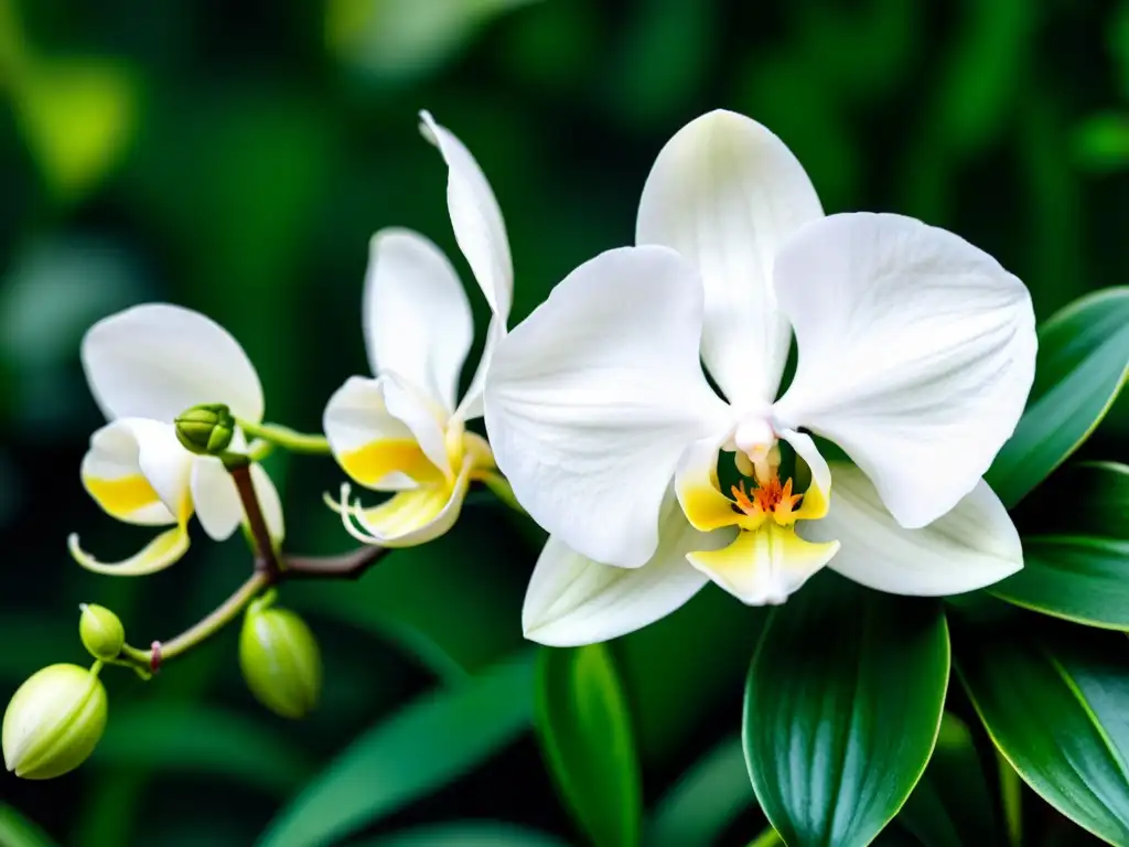 Una orquídea blanca delicada entre follaje verde exuberante, evocando tranquilidad y equilibrio