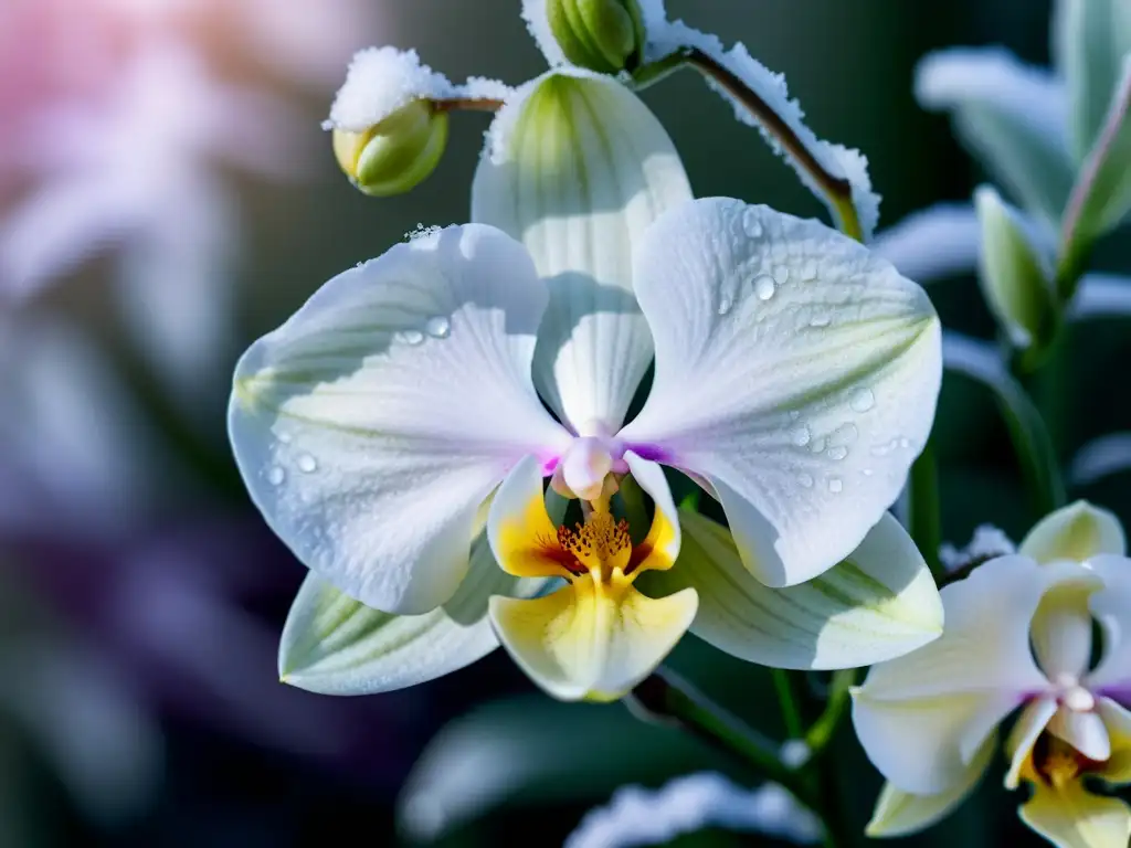 Una orquídea blanca delicada contra un fondo de escarcha, resaltando su belleza frágil en un entorno helado