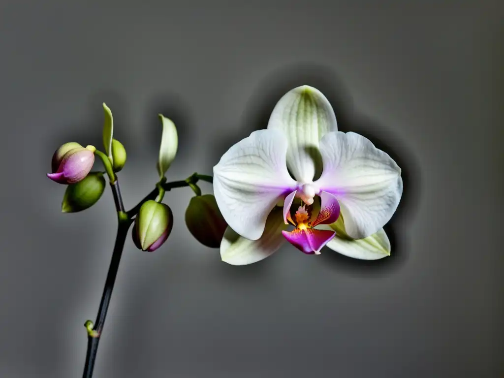 Una orquídea phalaenopsis rosa y blanca suspendida en el aire con delicadeza, destacando su belleza única