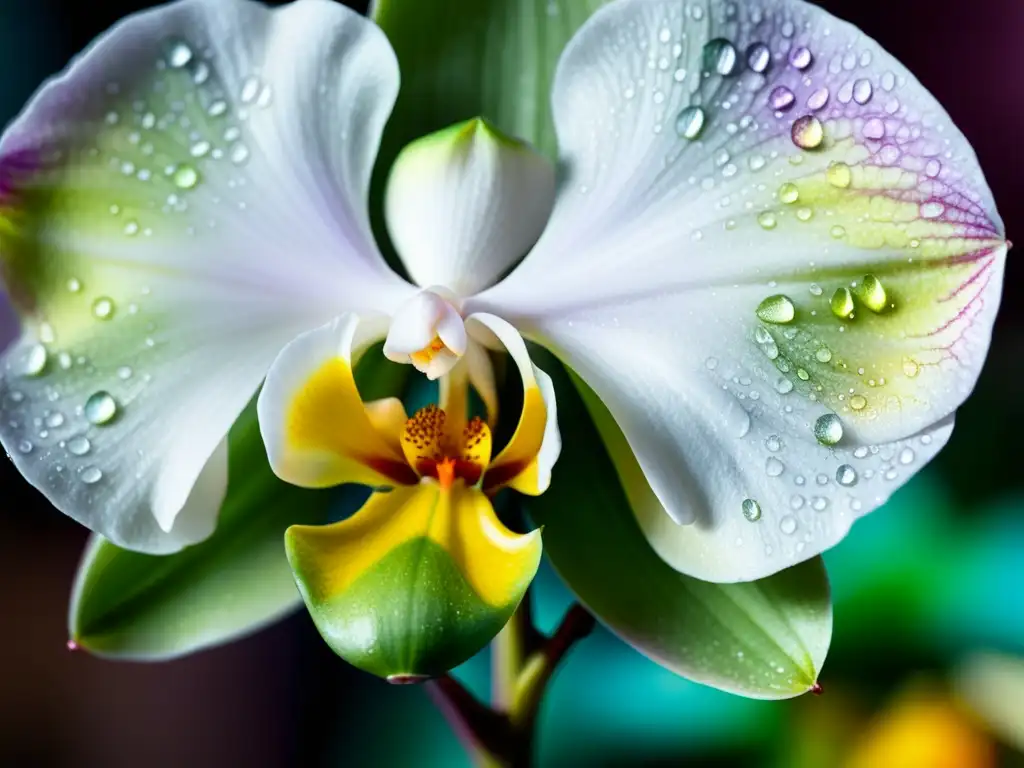 Una orquídea Phalaenopsis blanca cubierta de rocío, con patrones intrincados en los pétalos y gotas de agua reflejando colores