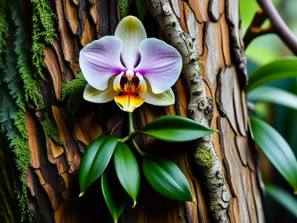 Orquídea epífita en simbiosis con árbol, destacando sus delicados pétalos y red de raíces