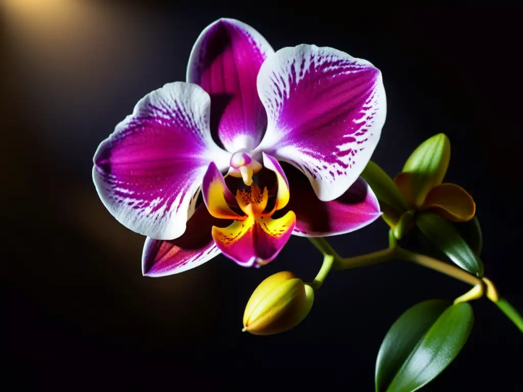 Una orquídea exótica iluminada con detalle, destacando su juego de luces y sombras