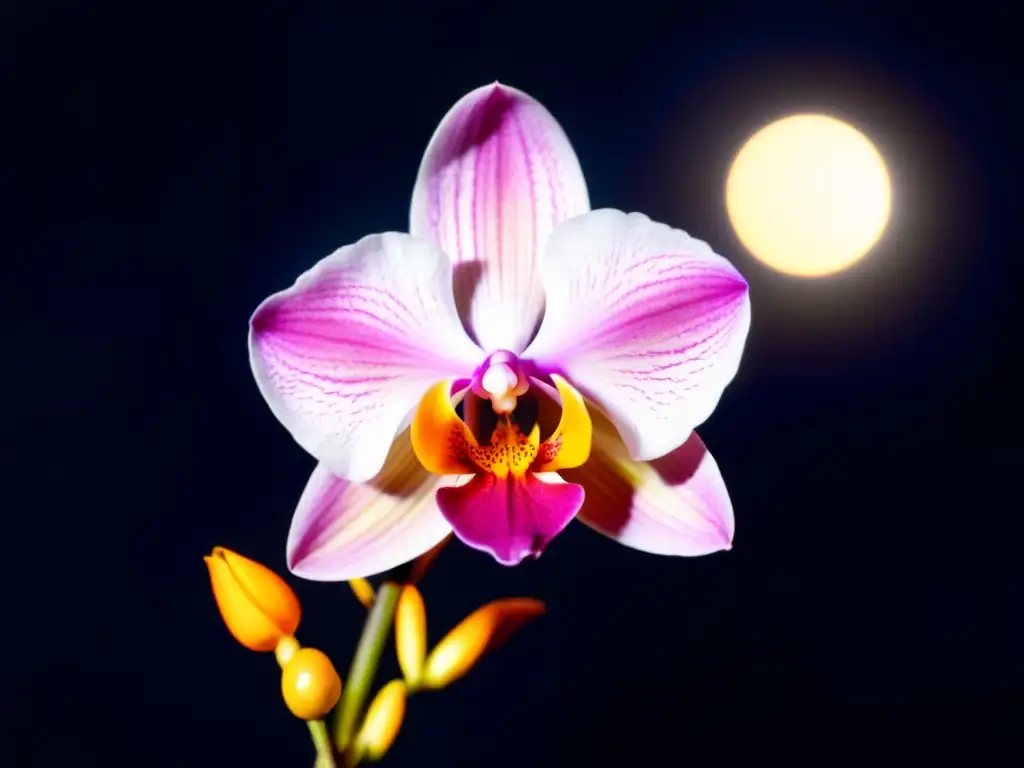 Una orquídea exótica de floración nocturna despliega sus delicados pétalos morados bajo la luz lunar, evocando un jardín mágico