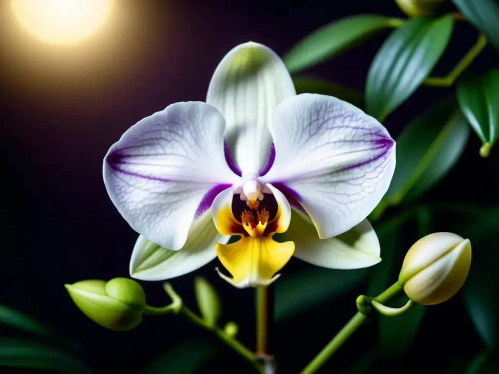 Una orquídea exótica de floración nocturna, iluminada por la suave luz de la luna en un denso bosque tropical