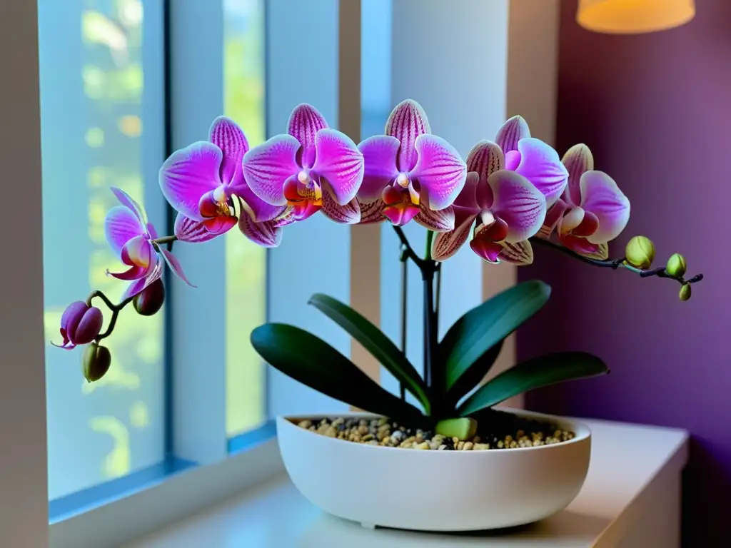 Una orquídea exuberante y vibrante en un elegante macetero blanco, iluminada por suave luz solar