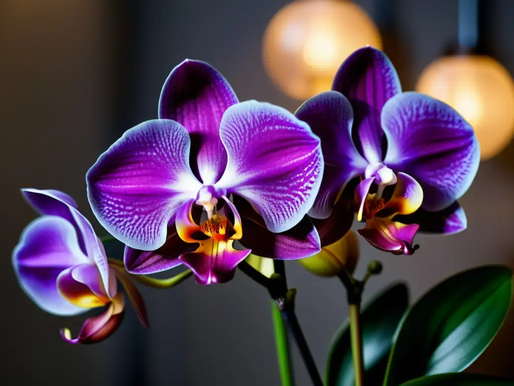 Orquídea morada iluminada en interiores, armonía entre naturaleza y tecnología