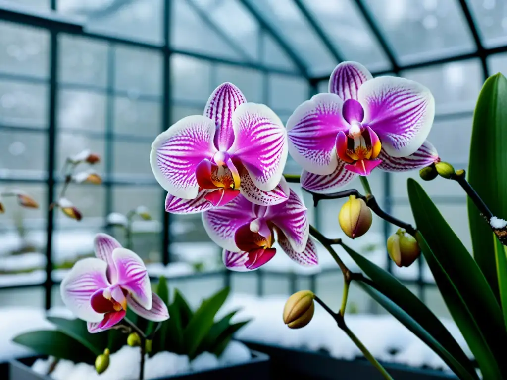 Orquídeas exóticas protegidas en invernadero contra climas fríos, resplandecen en la nieve con colores vibrantes