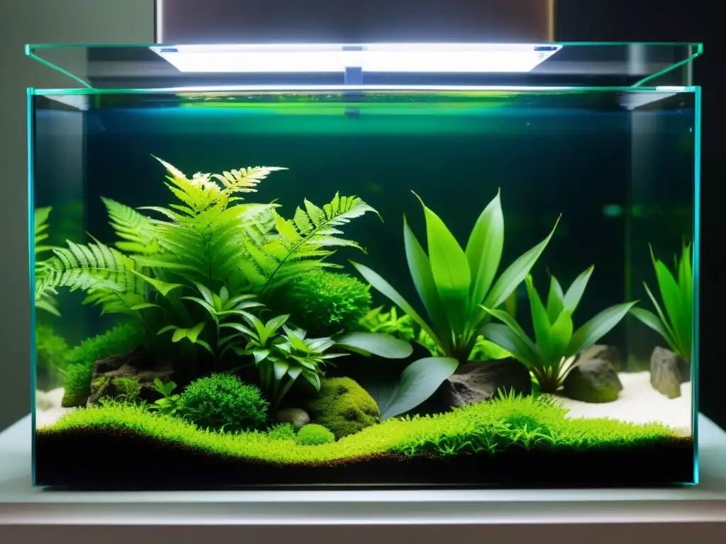 Un paisaje acuático sereno y minimalista con exuberantes plantas acuáticas verdes en un acuario de vidrio, evocando equilibrio y serenidad