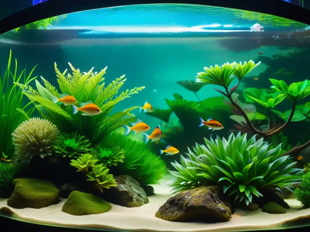 Un paisaje acuático sereno con plantas acuáticas exuberantes y peces coloridos en un acuario bien cuidado