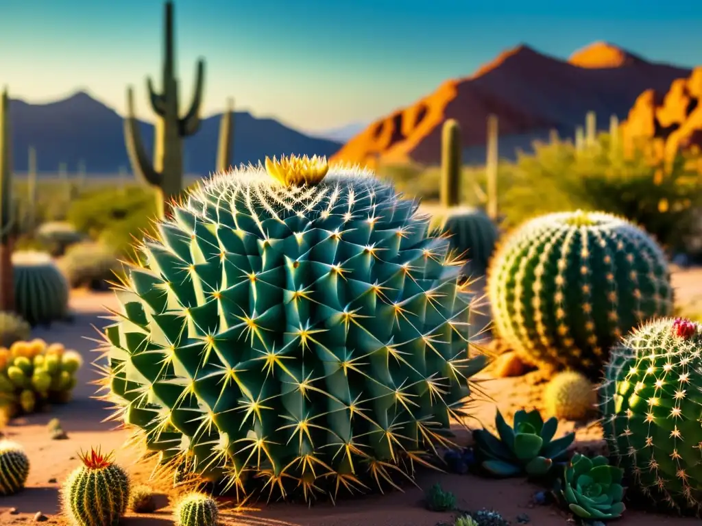 Un paisaje desértico con cactus y suculentas detalladas, bañado por una cálida luz dorada