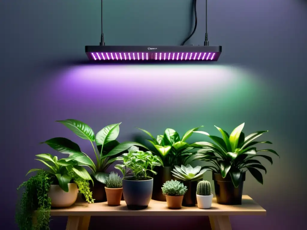 Un panel LED elegante y minimalista ilumina con un suave resplandor púrpura una exuberante colección de plantas de interior