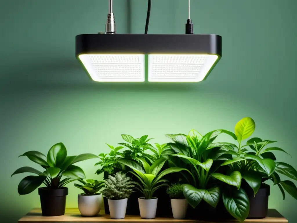 Un panel LED moderno ilumina un exuberante jardín interior, destacando la eficiencia energética en iluminación interior de plantas