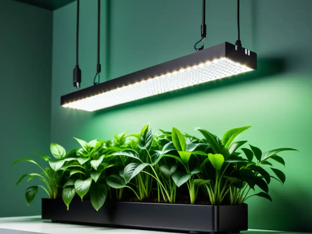 Panel de luz LED minimalista iluminando plantas verdes vibrantes para mejorar pigmentación con luz artificial en ambiente controlado