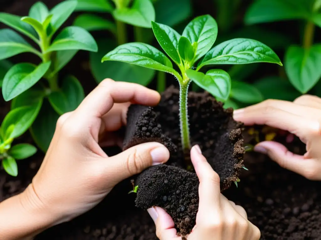 Un par de manos cuidadosamente realizando la propagación por acodo en plantas, envolviendo con suavidad el tallo en tierra húmeda