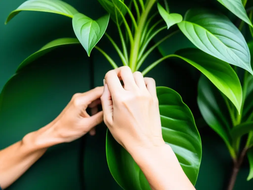 Un par de manos cariñosas cuidan con delicadeza una exuberante planta de interior