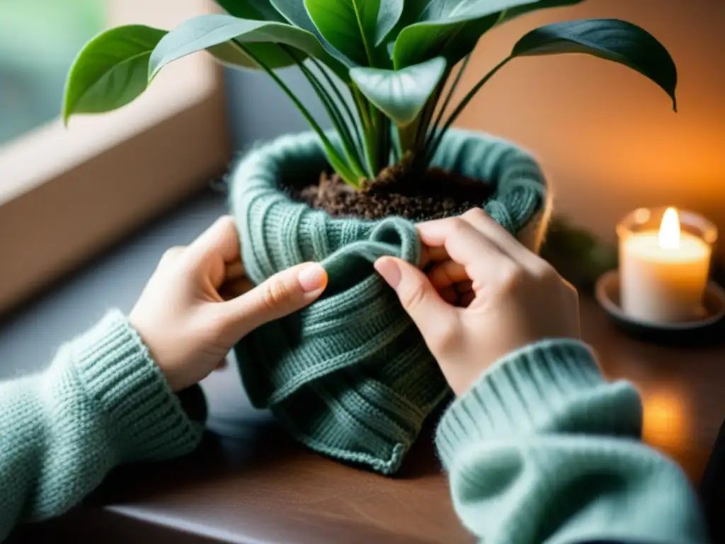 Cuidado invernal: abrigo suave para planta de interior Un par de manos envuelven con cuidado una bufanda alrededor de una planta de interior, brindándole protección en el invierno