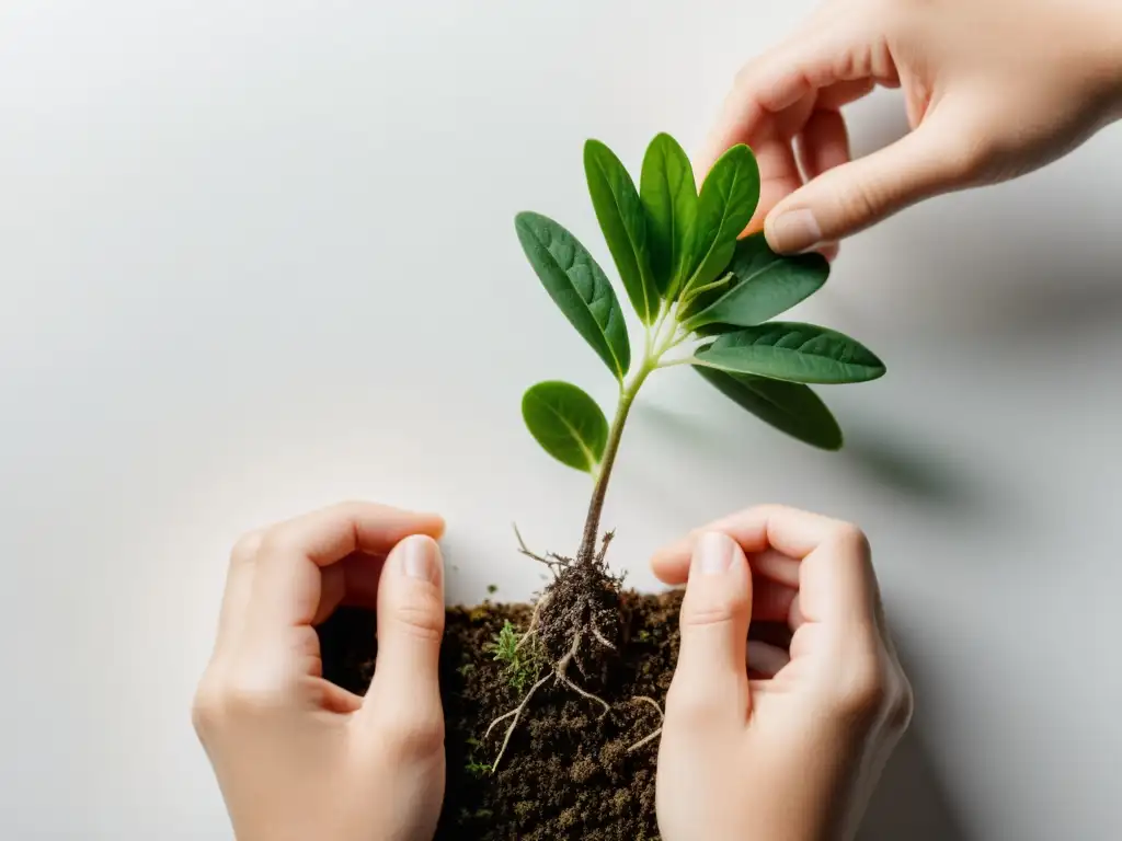 Un par de manos separando con cuidado las raíces de una planta para propagarla en un taller de multiplicación de plantas de interior