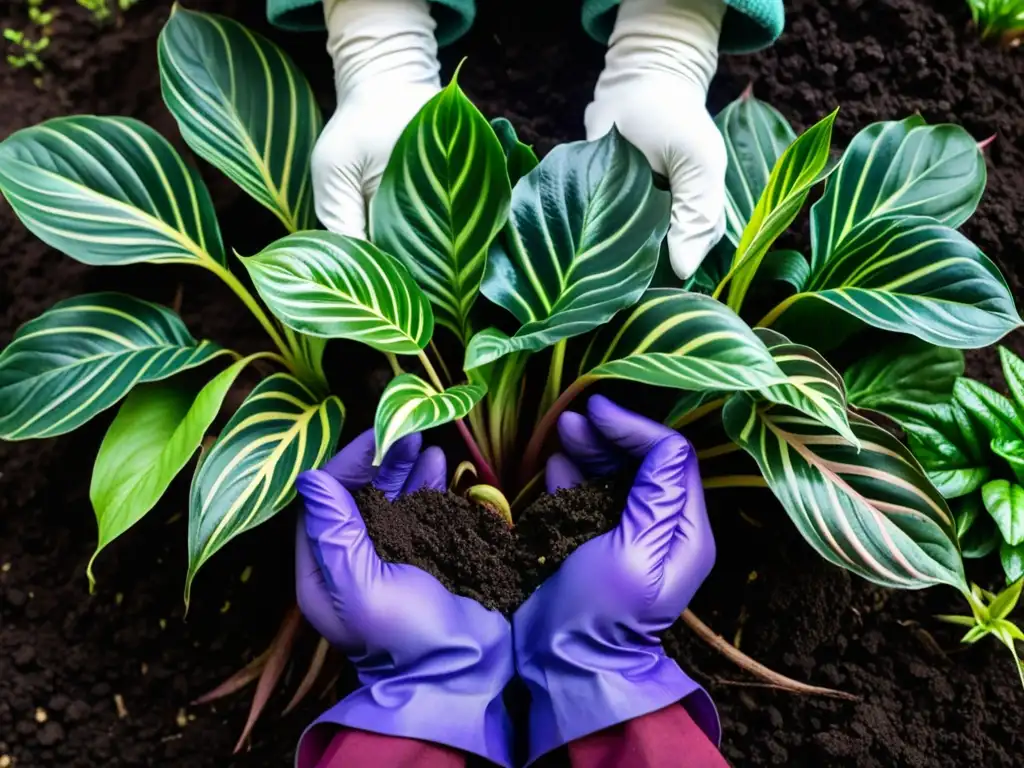 Un par de manos separan con cuidado las raíces de una hermosa Calathea