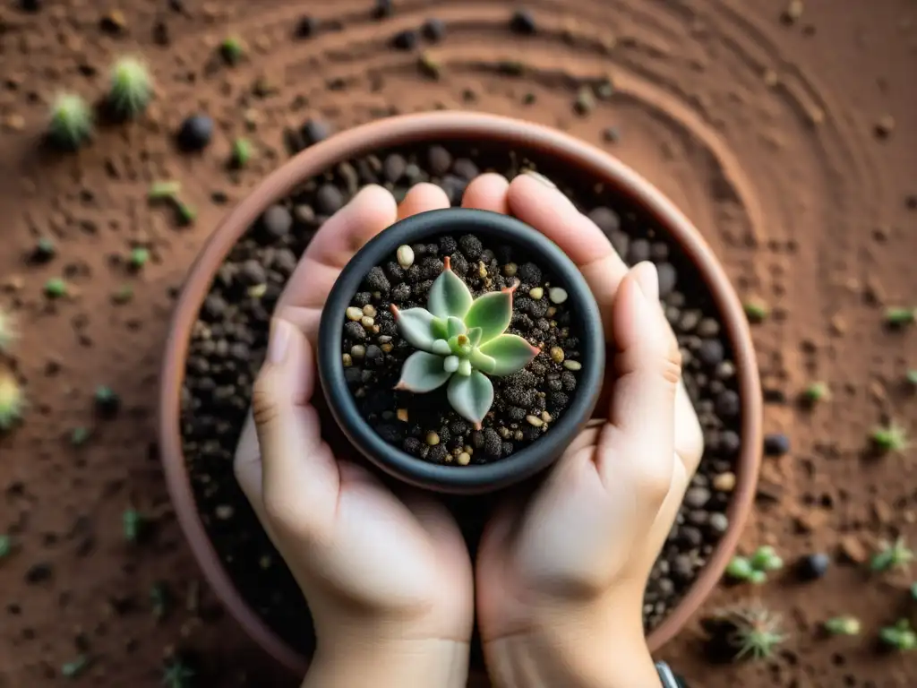 Un par de manos siembran con cuidado semillas de cactus exóticos en una maceta, transmitiendo calma y precisión en cada detalle