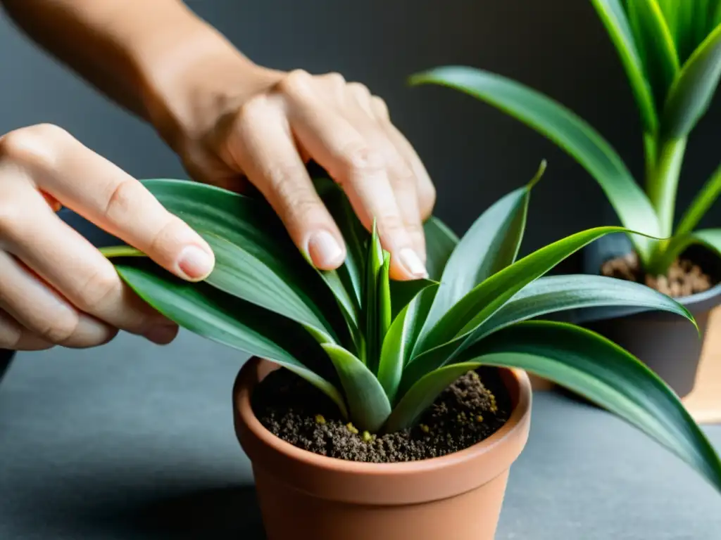 Un par de manos cuidadosas propagan con éxito Sansevieria, cortando una hoja y plantándola en tierra