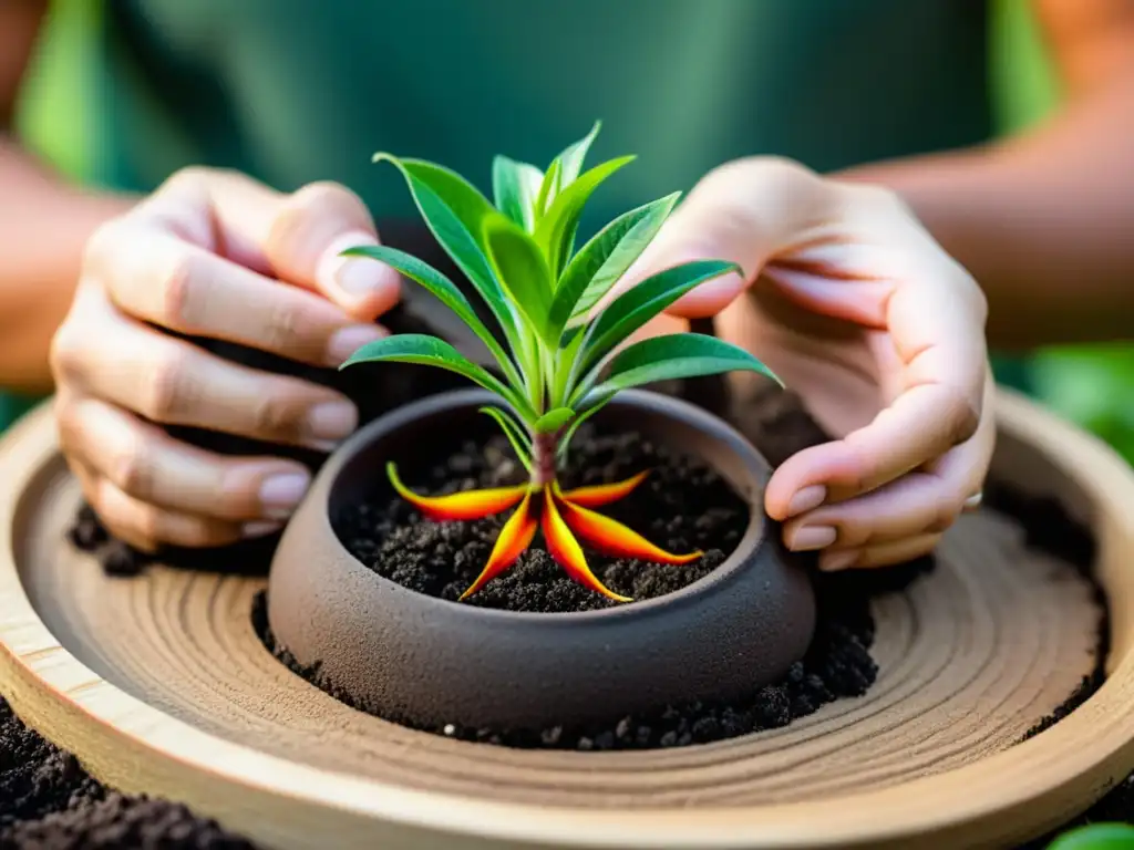 Un par de manos cuidadosas trasplantan con precisión una exótica planta de fuego, mostrando el amor por el cuidado de la planta