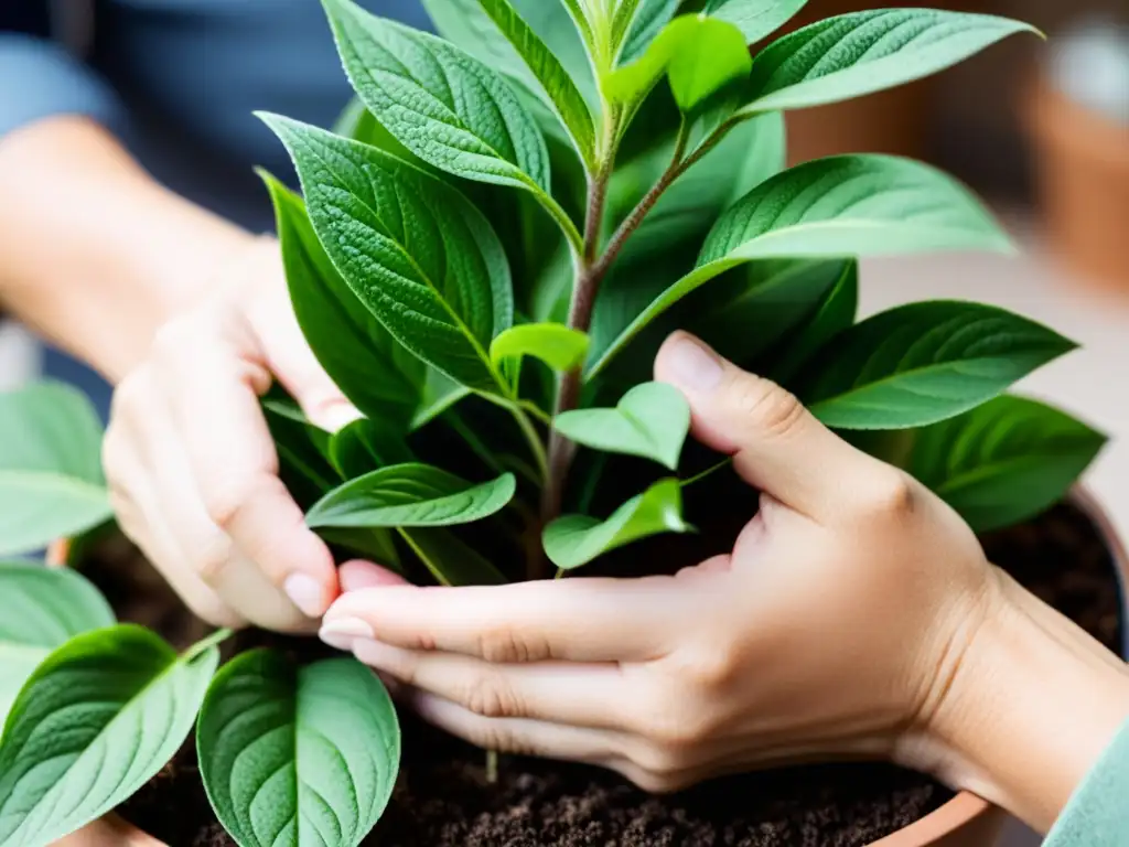 Un par de manos cuidadosamente podan las delicadas hojas verdes y tallos de una planta de interior