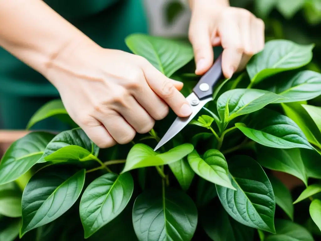 Un par de manos podando con delicadeza una exuberante planta de interior, resaltando la precisión y cuidado