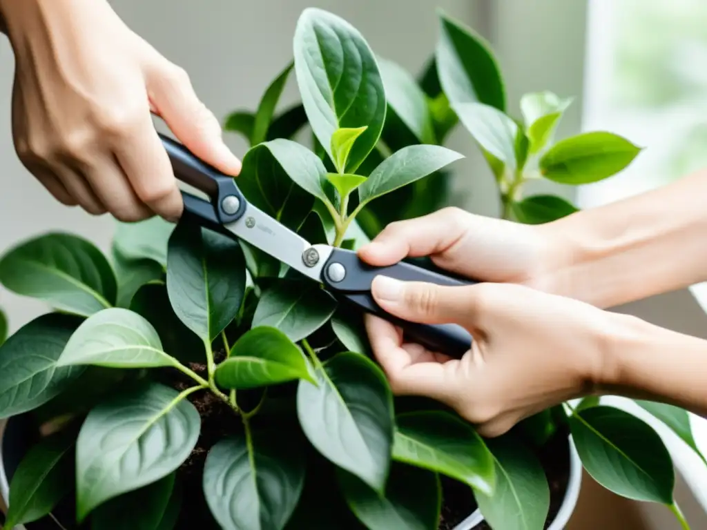 Un par de manos podando con delicadeza las hojas de una exuberante planta de interior