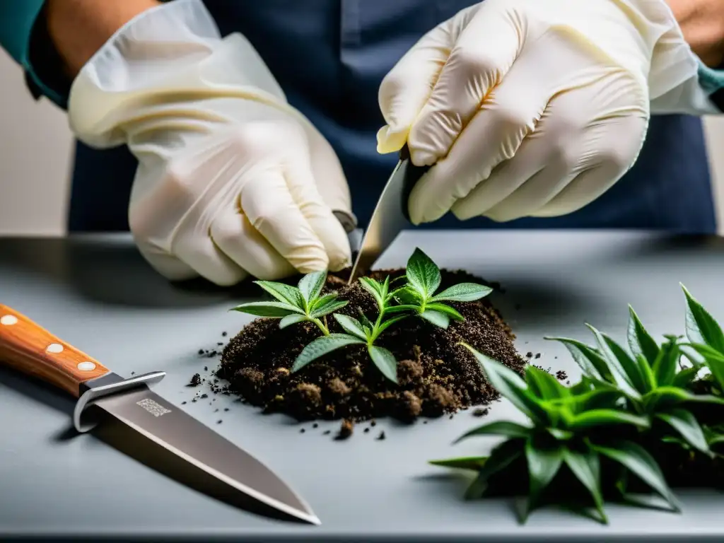 Un par de manos enfundadas con guantes cortan con precisión una planta, con materiales de injerto preparados