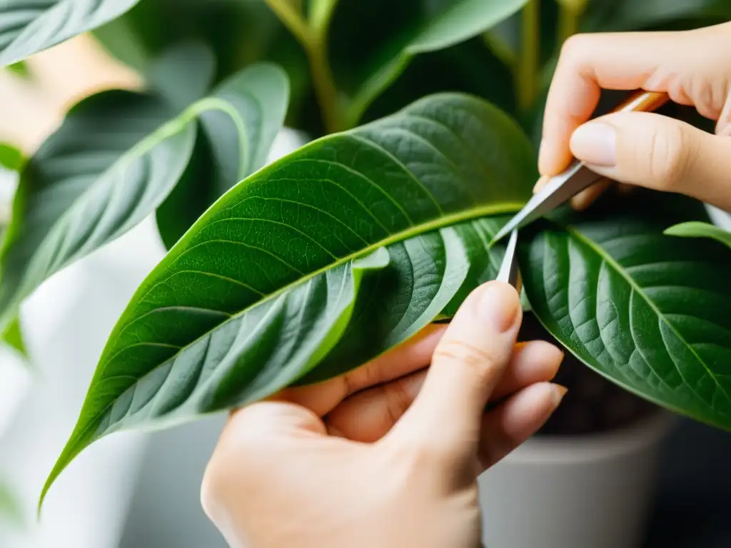 Un par de manos expertas podando con cuidado las hojas de una exuberante planta de interior