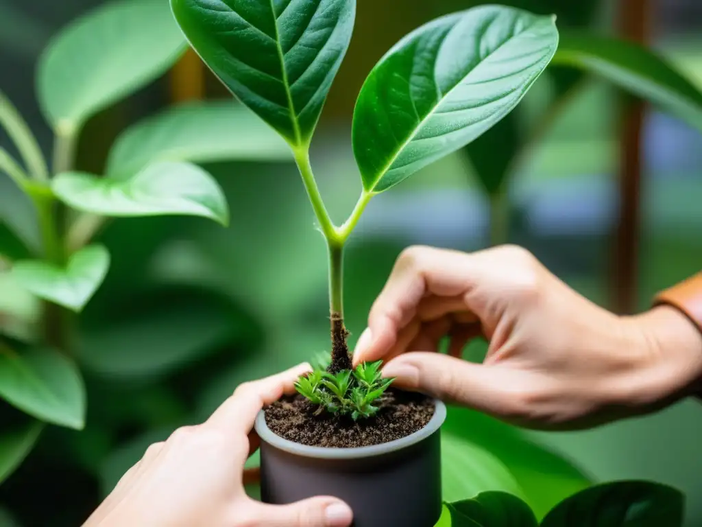 Un par de manos expertas realizan con delicadeza injertos de aire para plantas en un ambiente cálido y acogedor