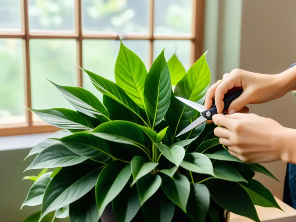 Un par de manos expertas podan delicadamente las exuberantes hojas verdes de una planta de interior, con precisas tijeras de corte