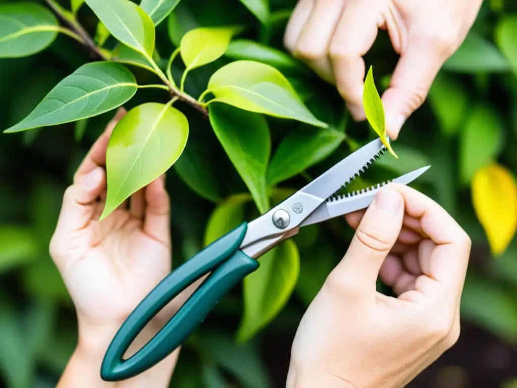 Un par de manos expertas podan con precisión las hojas amarillentas de una exuberante planta de interior