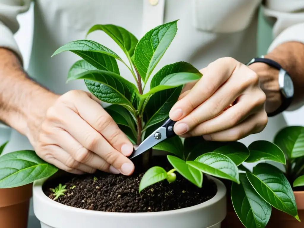 Un par de manos expertas podan meticulosamente las hojas de una planta de interior, rejuveneciéndola con cuidado