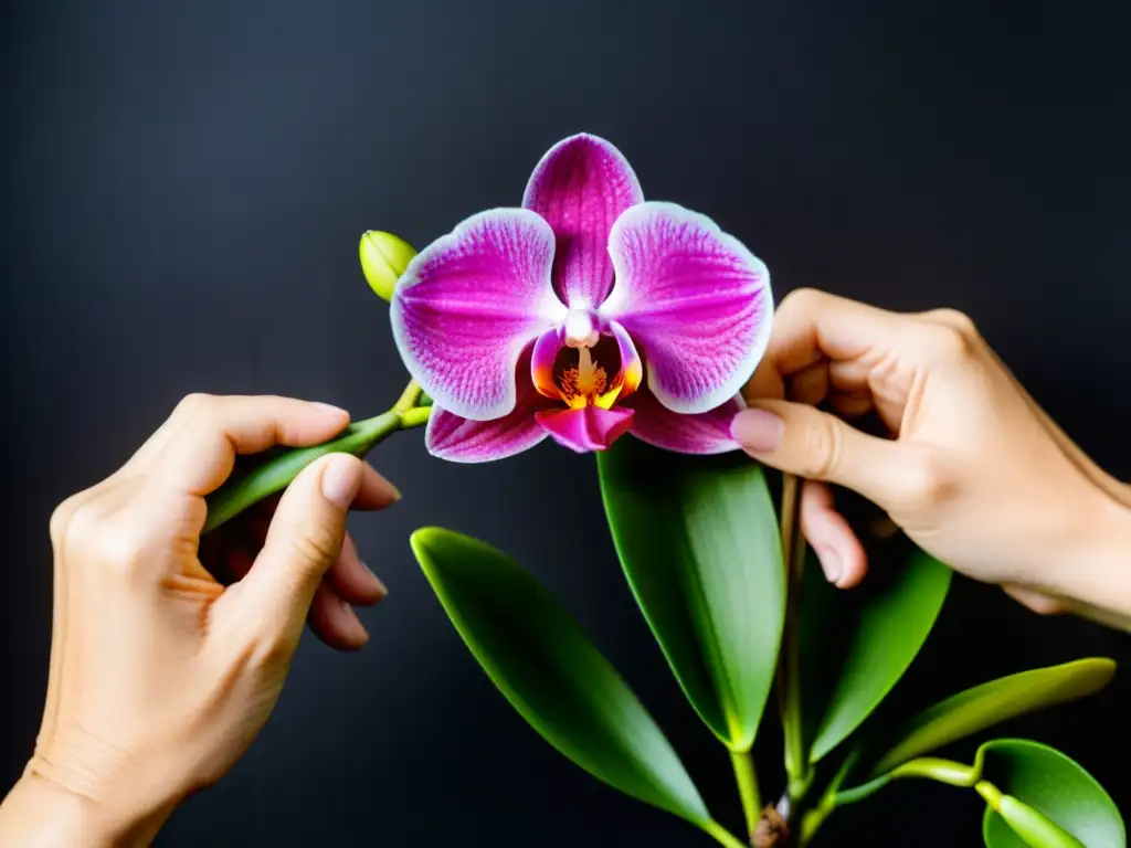 Un par de manos expertas podando una orquídea en flor