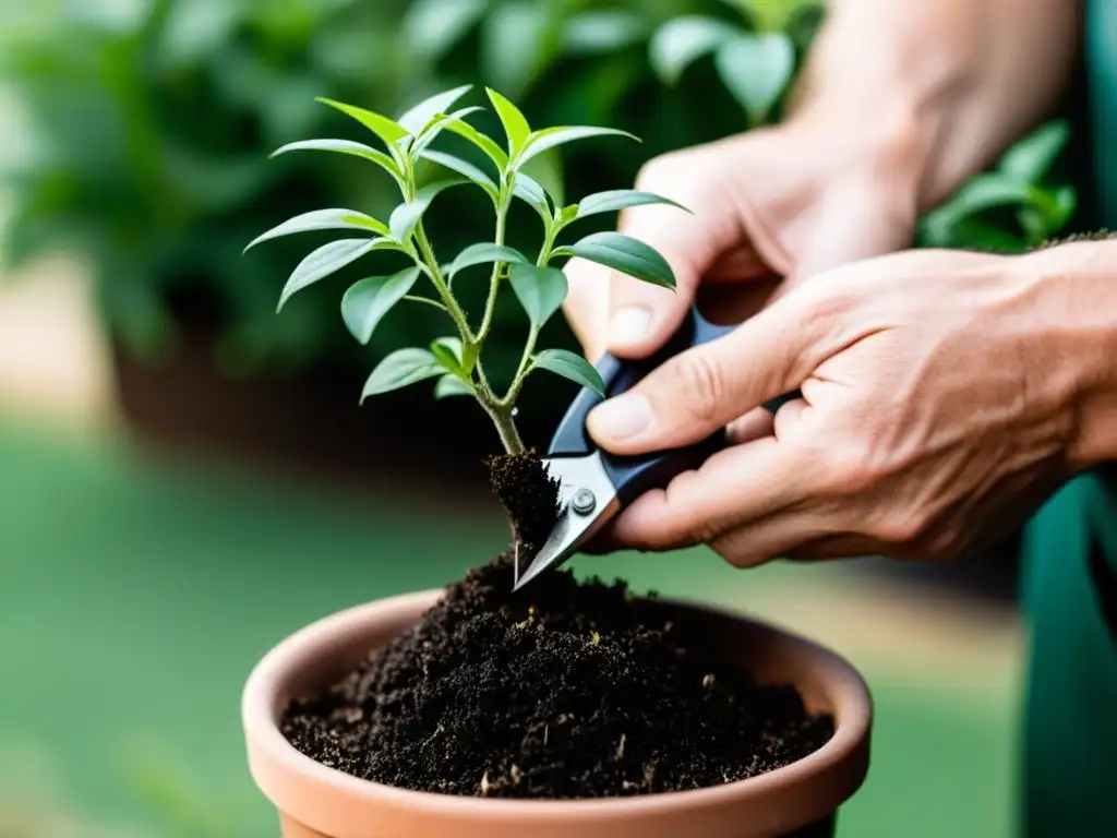 Un par de manos expertas realizan la poda de raíces para plantas de interior con precisión y cuidado, mostrando la meticulosidad de este proceso