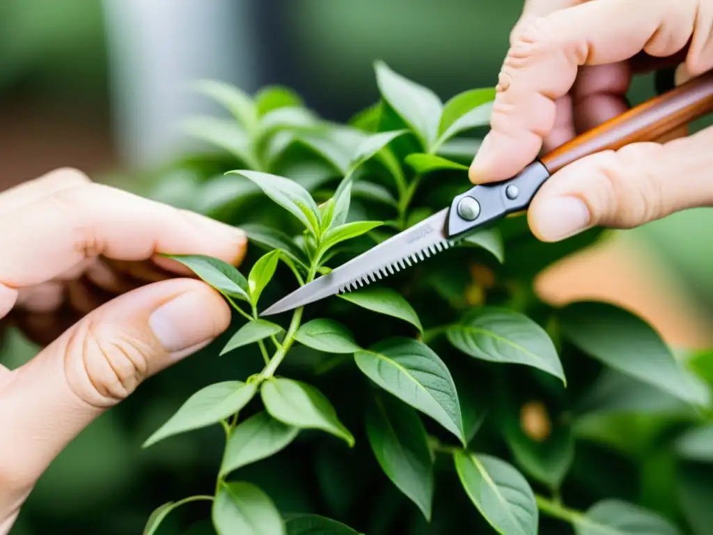 Un par de manos expertas poda con precisión una exuberante planta colgante, resaltando su belleza natural