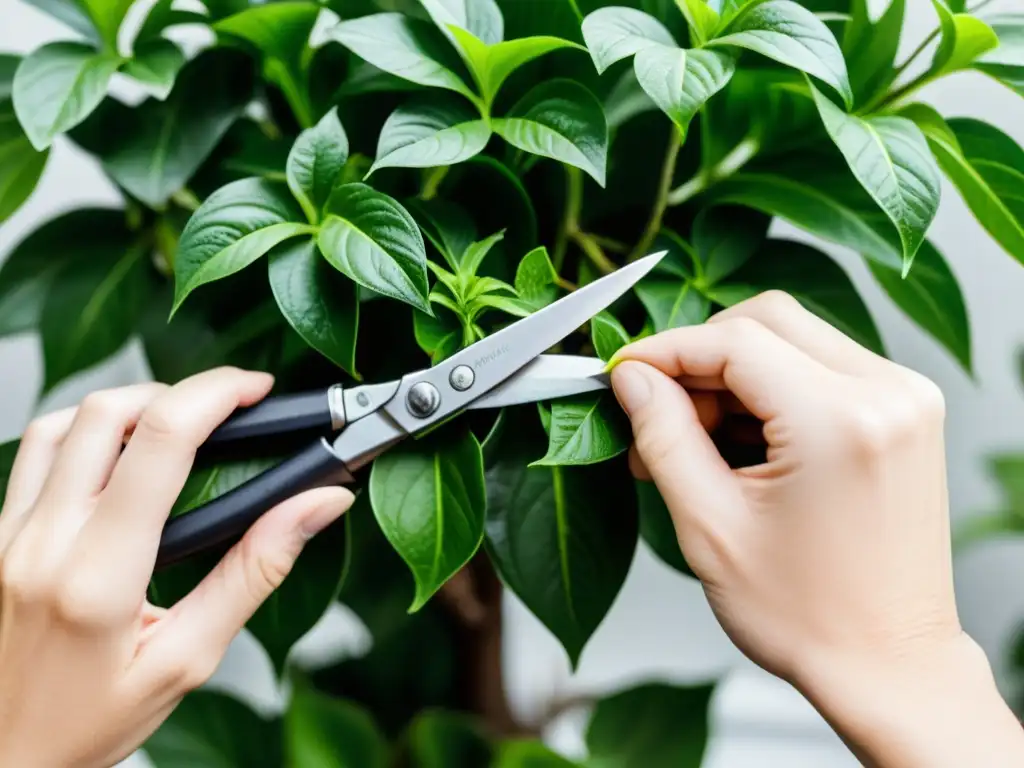 Un par de manos expertas podando con precisión un exuberante planta de interior, rejuvenecimiento plantas de interior con cuidado y destreza