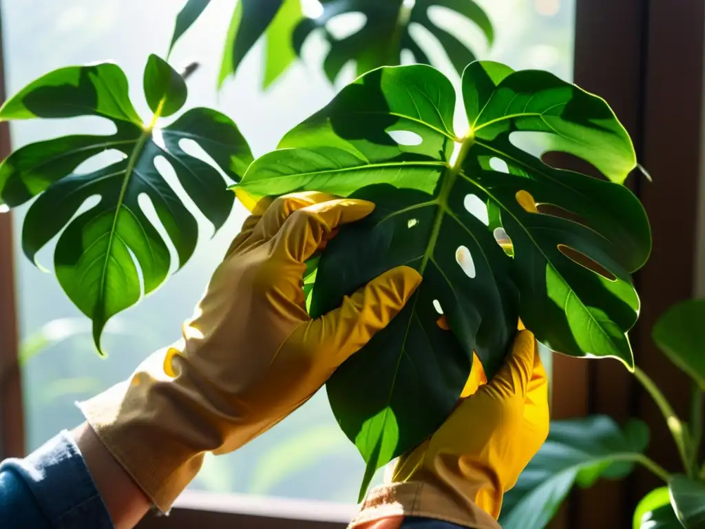 Un par de manos expertas podando con precisión las hojas de una exuberante planta de interior