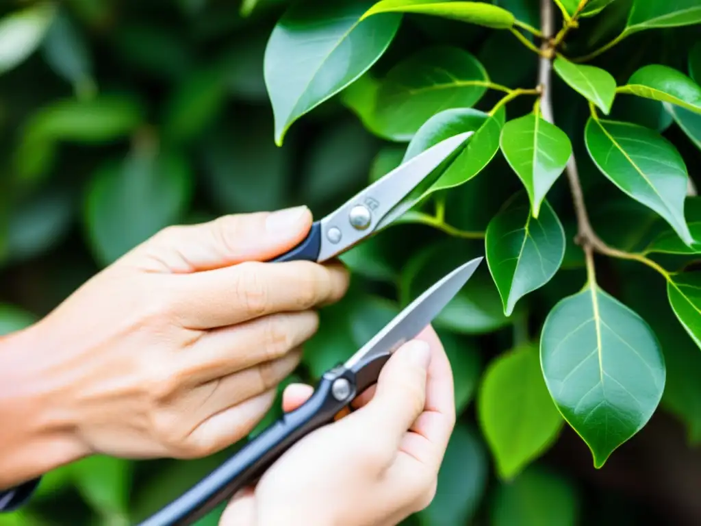 Un par de manos cuidadosamente podando un exuberante ficus para cuidado, con detalle y precisión