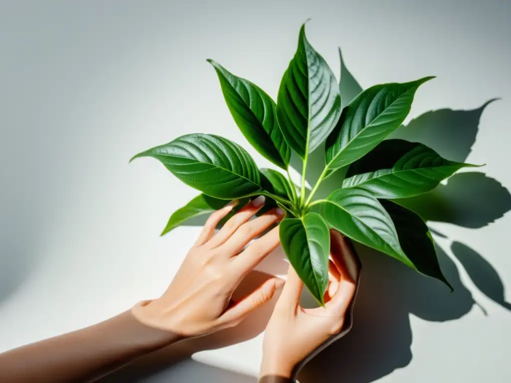 Un par de manos ajustan cuidadosamente una exuberante planta verde en un elegante fondo blanco